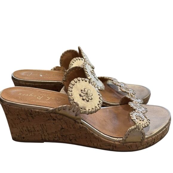Jack Rogers Lauren Mid Wedge Cork slide Sandals gold leather size 10 - Picture 11 of 11